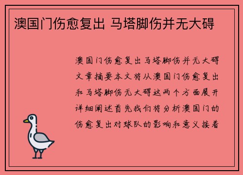 澳国门伤愈复出 马塔脚伤并无大碍